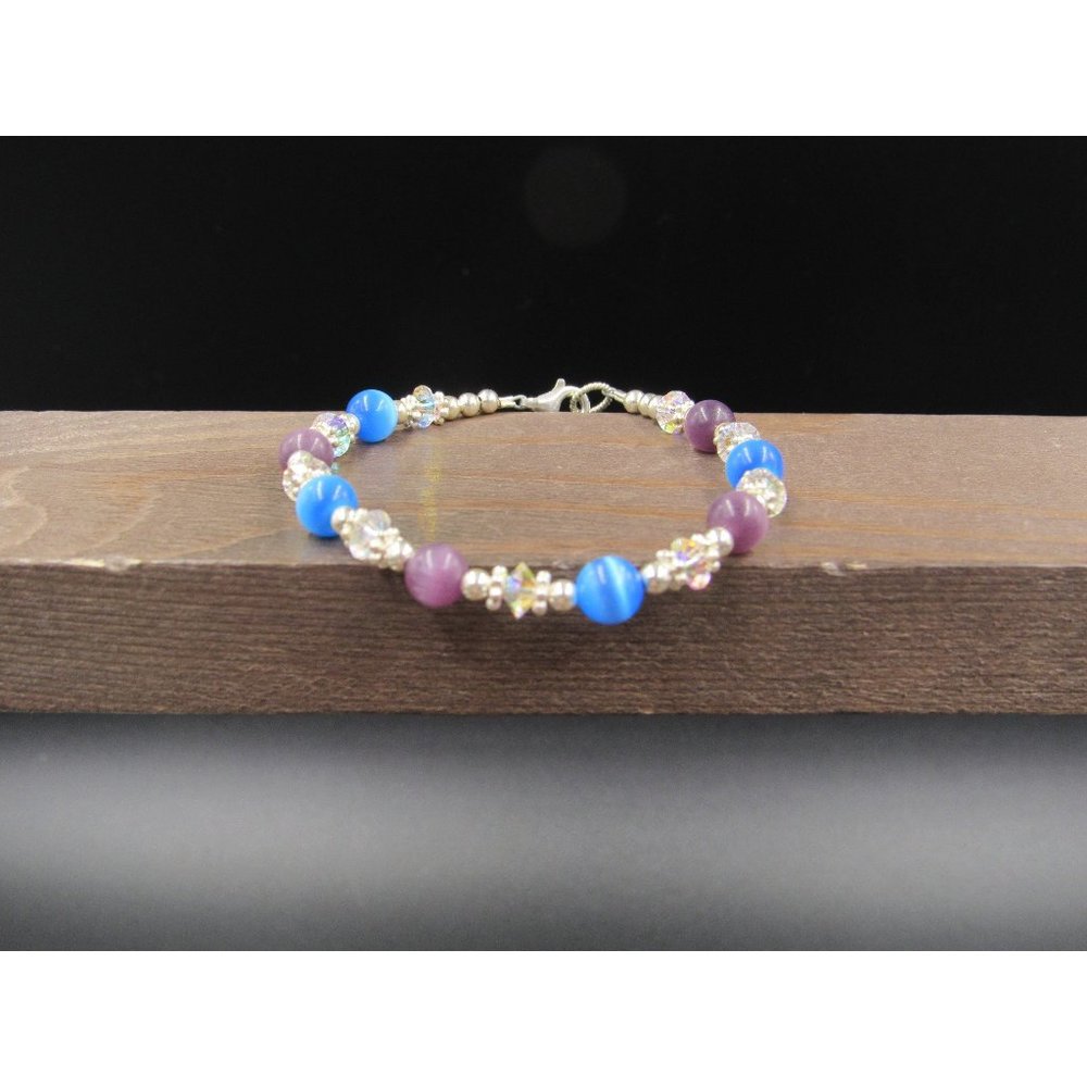 6 Inch Sterling Silver Purple And Blue Tiger's Eye Stone Bracelet